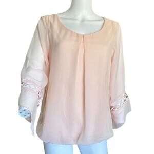 AB Studio Womens medium top sheer pale pink 3/4th bell sleeve chiffon blouse